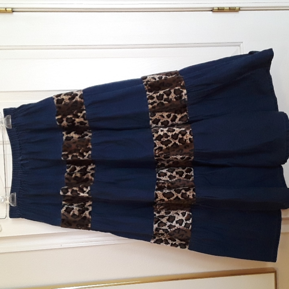 Handmade  boho festival wear blue denim and leopard print  skirt size medium